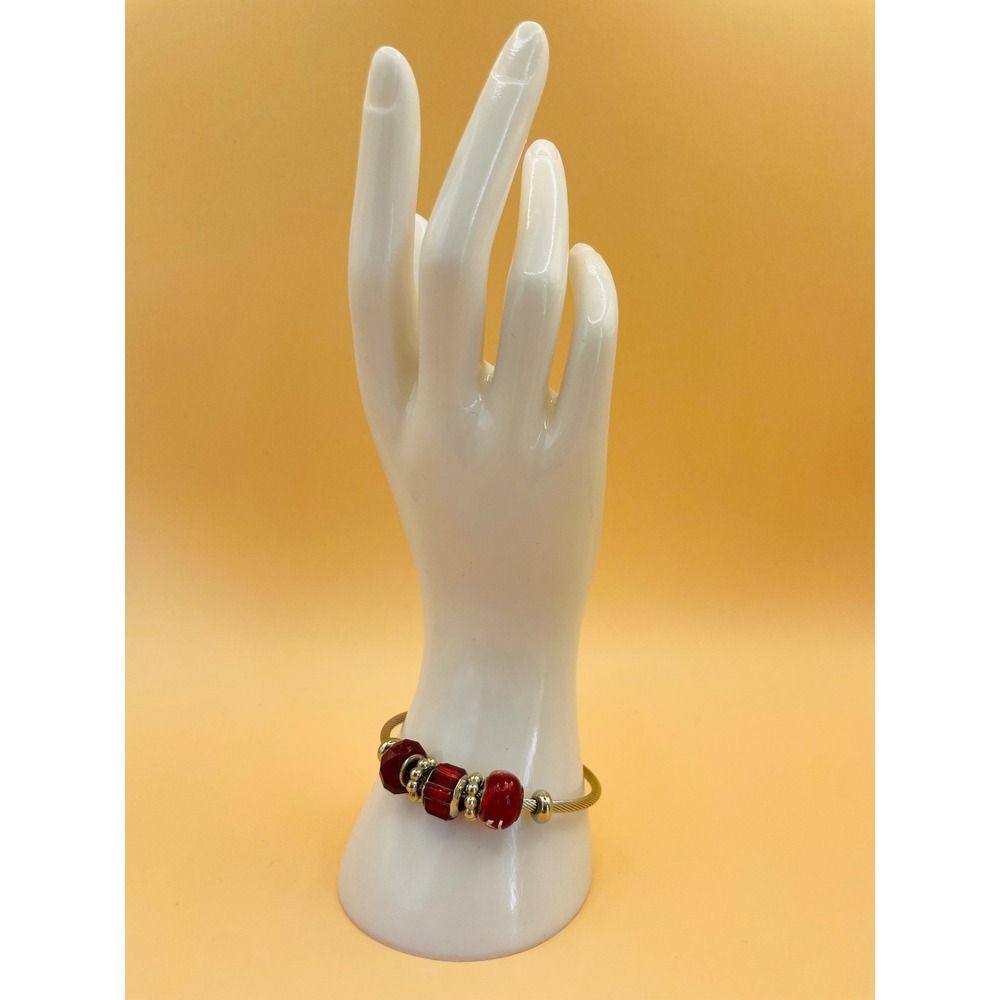 Silver Tone Twisted Cable Wire Bypass Bangle Bracelet with Red Glass Charms - Picture 5 of 6